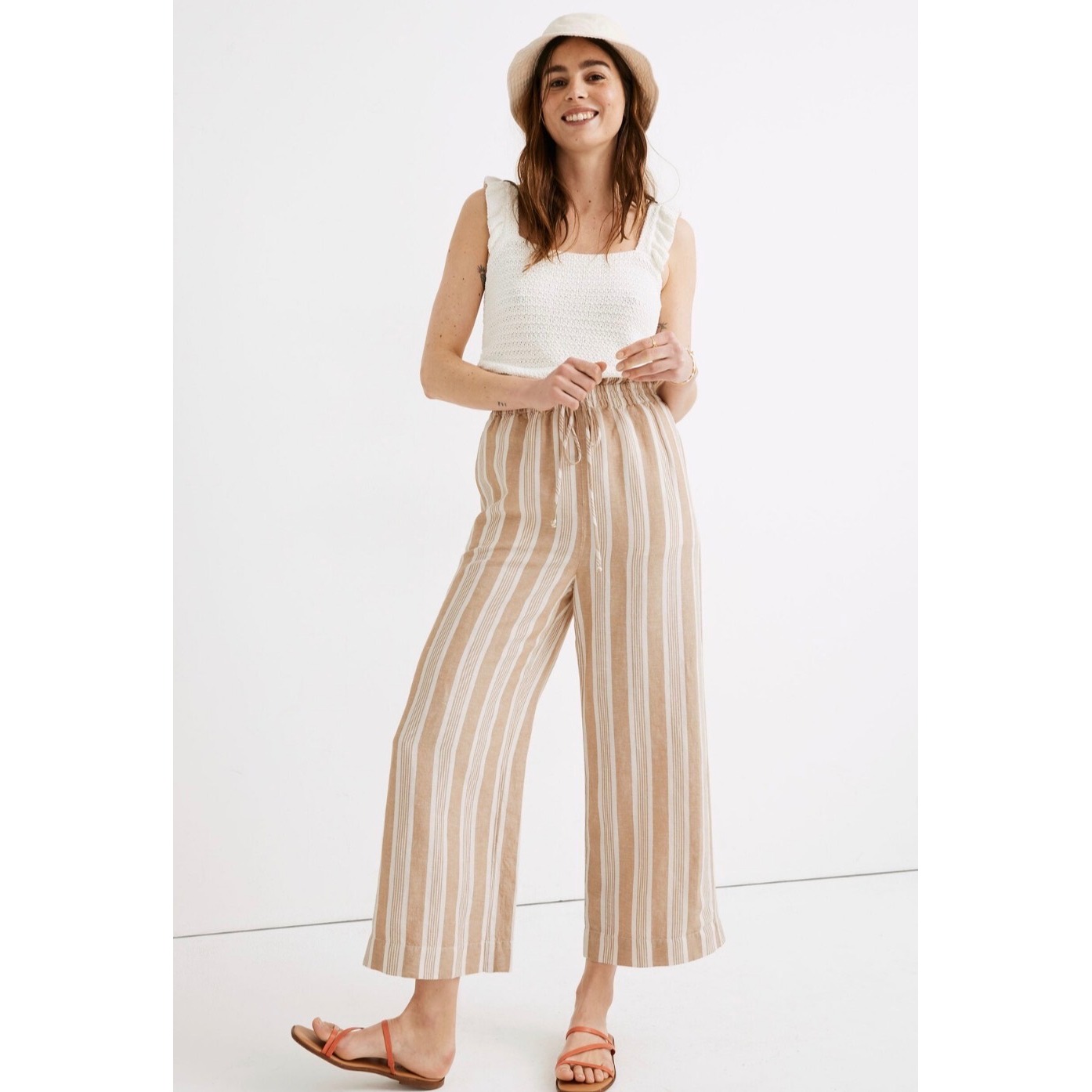 Madewell Smocked Huston Pull-On Crop Pants Stripe Earthen Sand Womens 3x